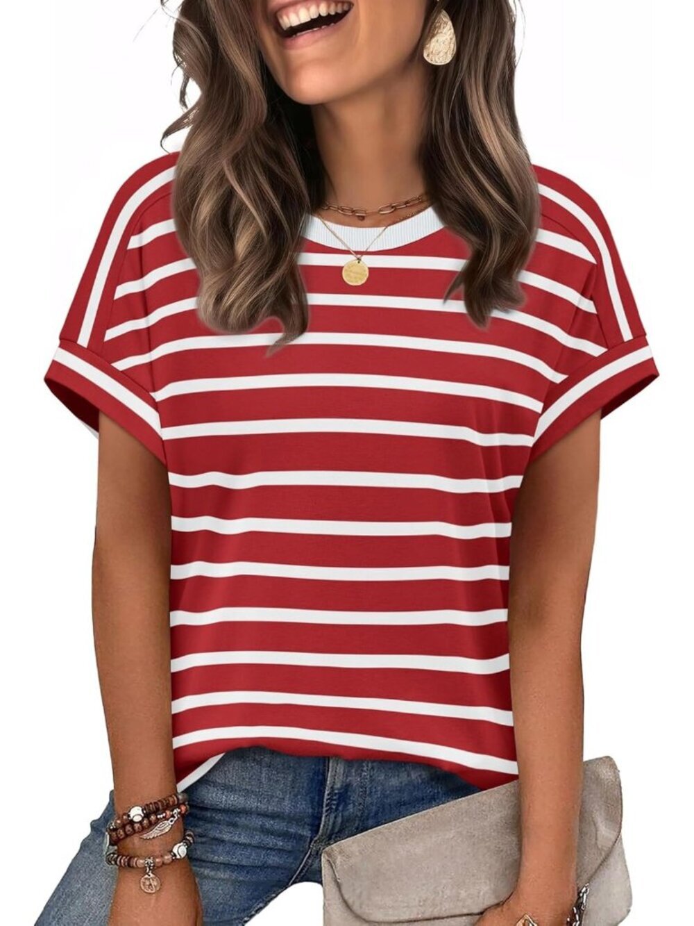 Women's Red & White Straps Crew-neck Short Sleeve Classic Loose Fit Summer Shirt